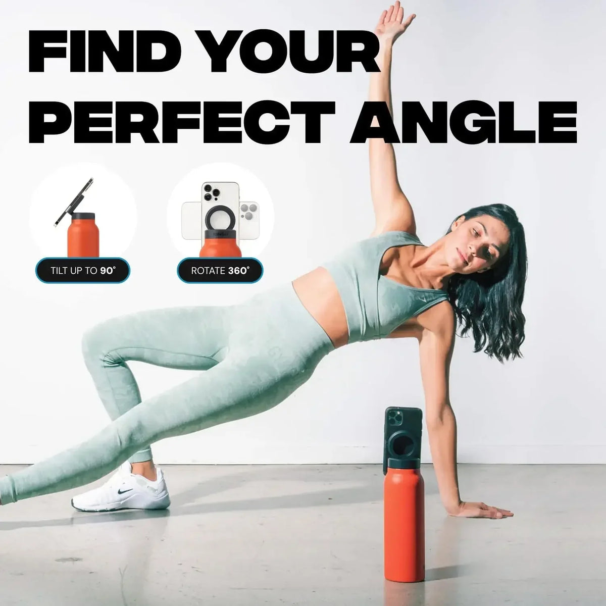 Woman in a yoga pose with fitness equipment and text 'Find Your Perfect Angle' on a white background