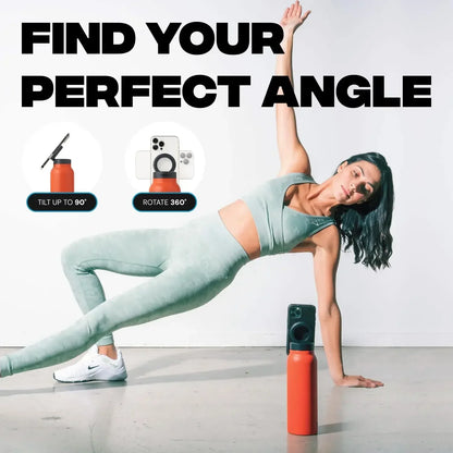 Woman in a yoga pose with fitness equipment and text 'Find Your Perfect Angle' on a white background