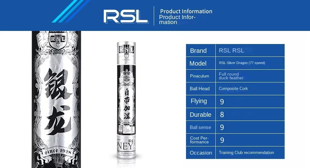 RSL silver dragon product with branding and specifications on a blue background