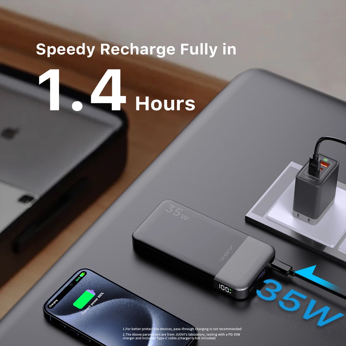 Fast charging device with smartphone and power adapter on a desk, emphasizing quick charging time.