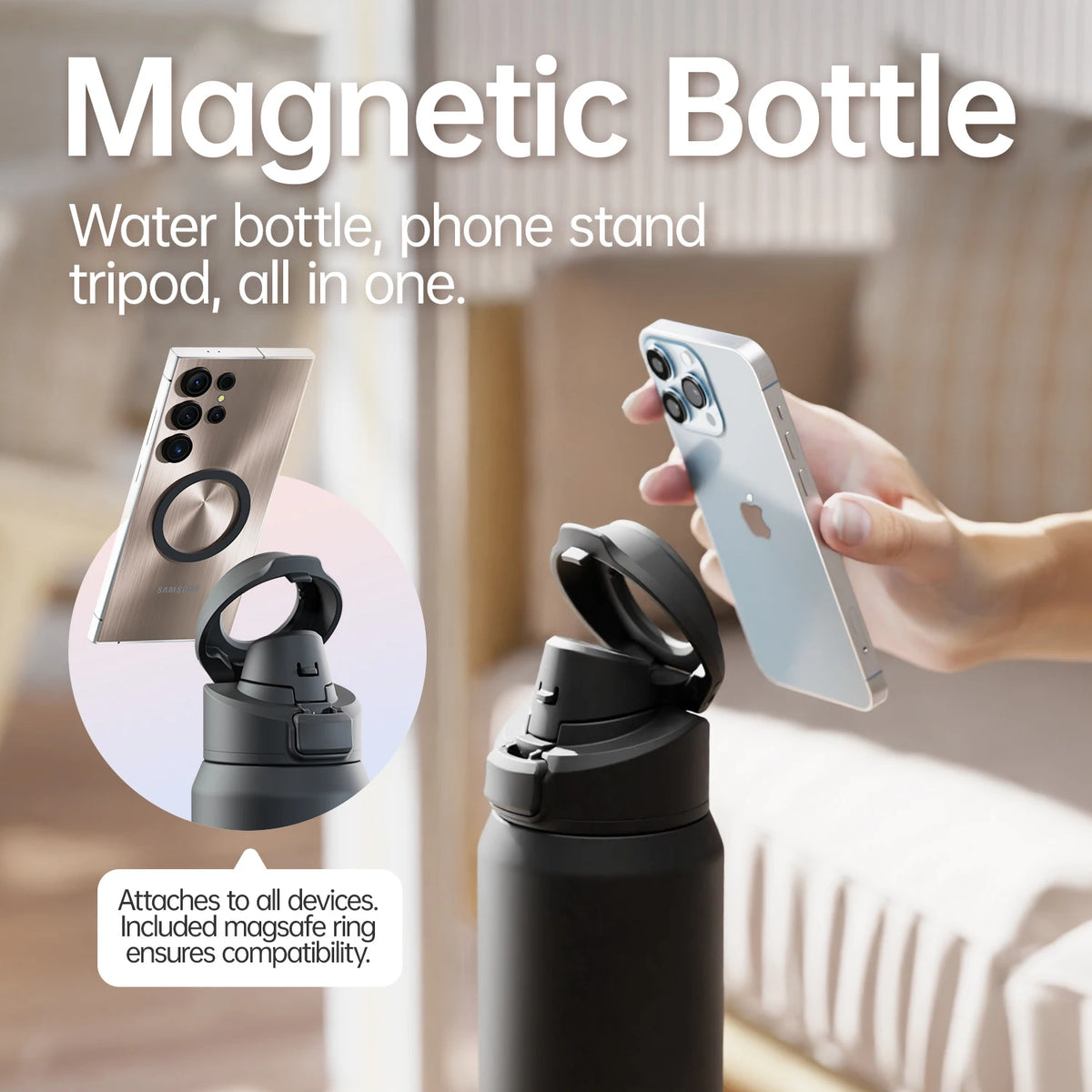 Black magnetic bottle with phone stand and tripod functions, used as a phone stand.