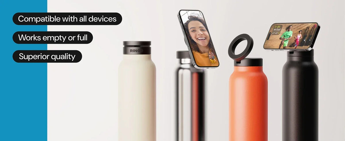 Set of colorful water bottles with smartphone screens displaying different scenes on a light gray background.