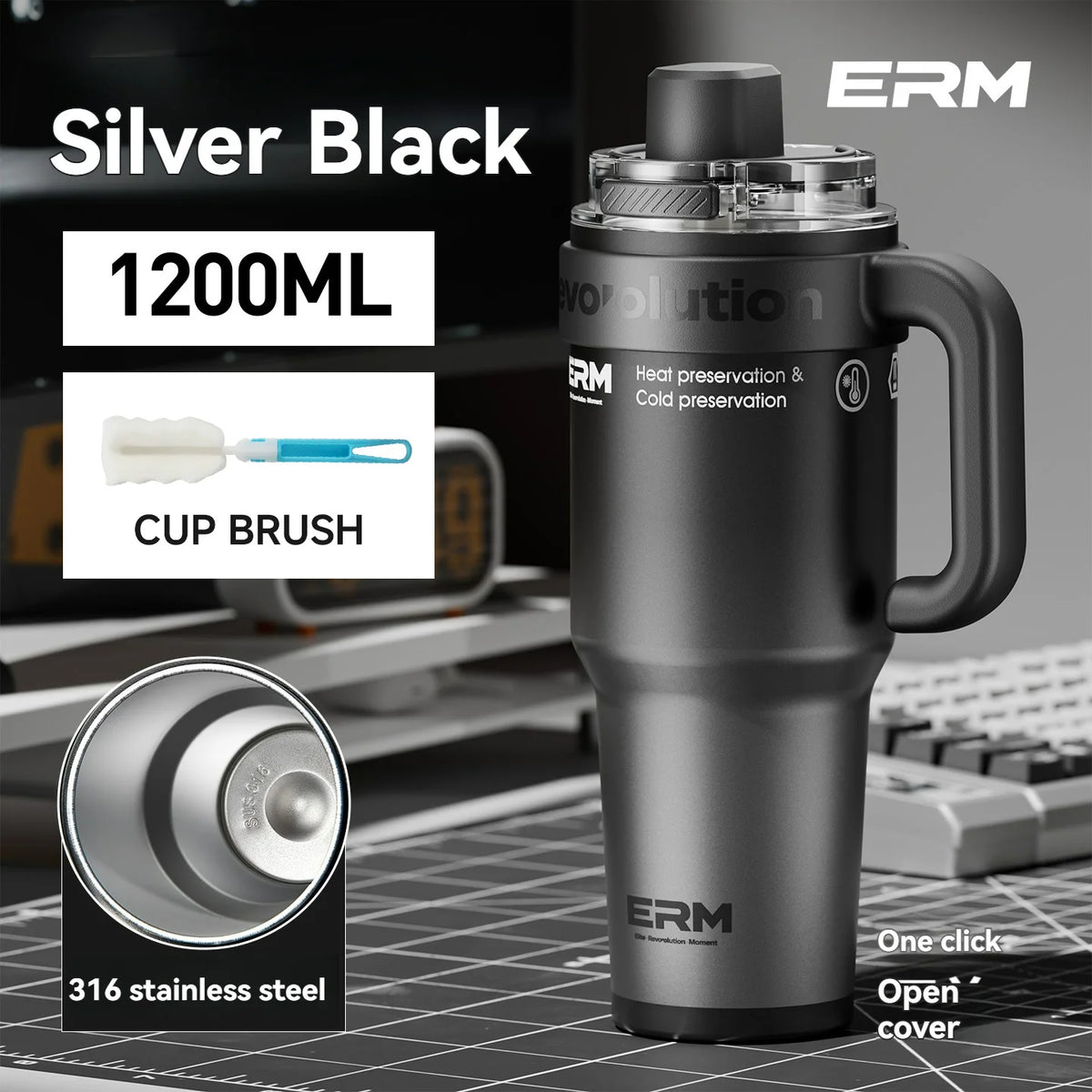 Ceramic Lined Insulated Tumbler with Straw & Handle – 1200ml Stainless Steel Vacuum Flask