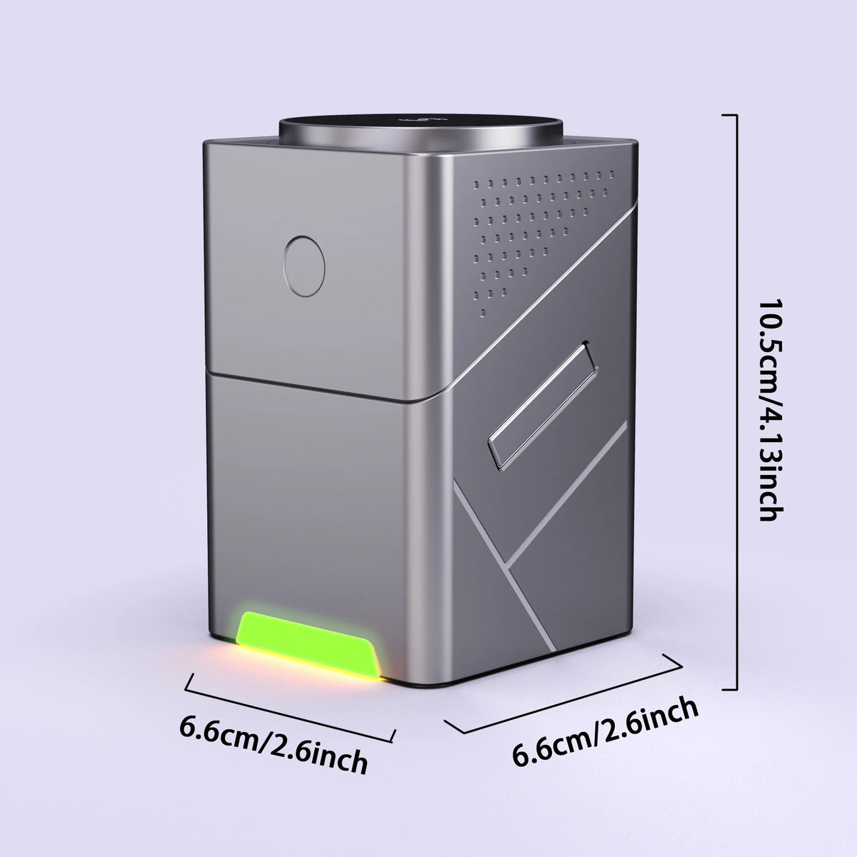 Gray electronic device with green indicator light and dimensions on a light purple background