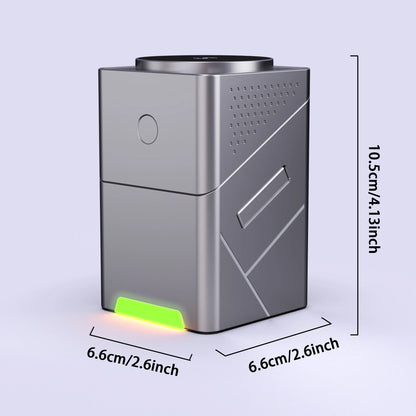 Gray electronic device with green indicator light and dimensions on a light purple background