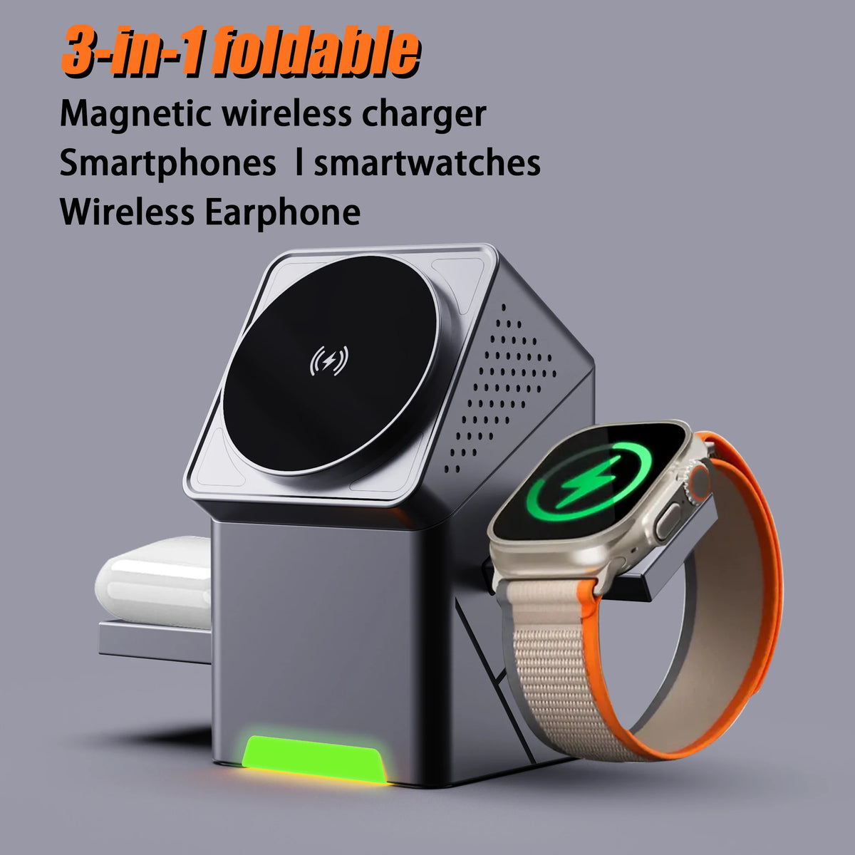 3-in-1 foldable magnetic wireless charger with smartphone, smartwatch, and wireless earphone on a gray background