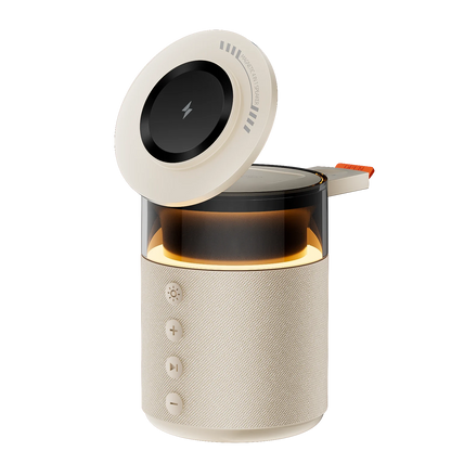Beige smart speaker with a black circular top on a white background