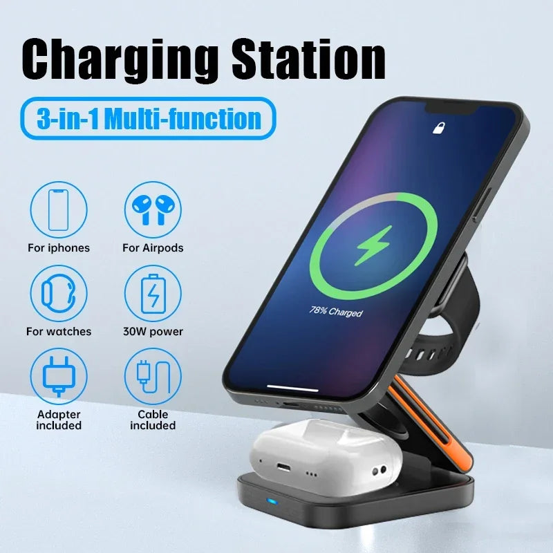 3-in-1 multi-function charging station with smartphone, AirPods, and watch on a light blue background
