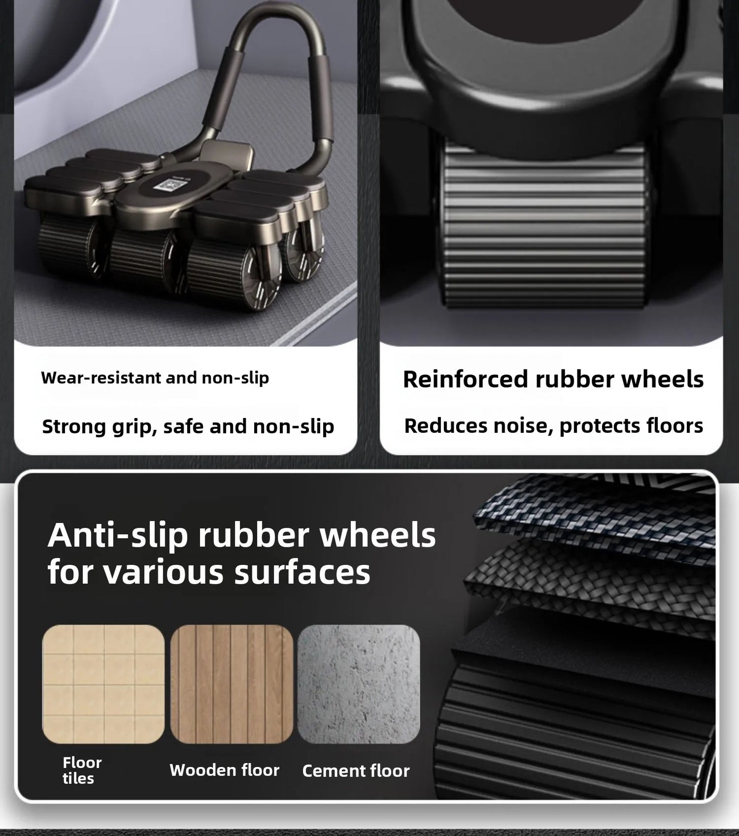 Collage of anti-slip rubber wheels with features and compatibility on a dark background