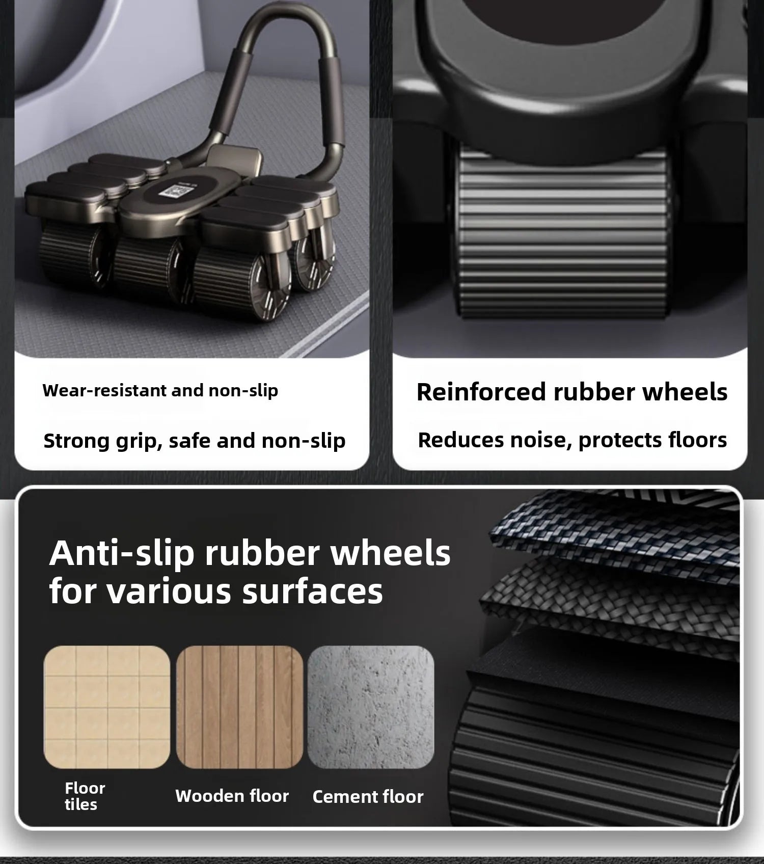 Collage of anti-slip rubber wheels with features and compatibility on a dark background