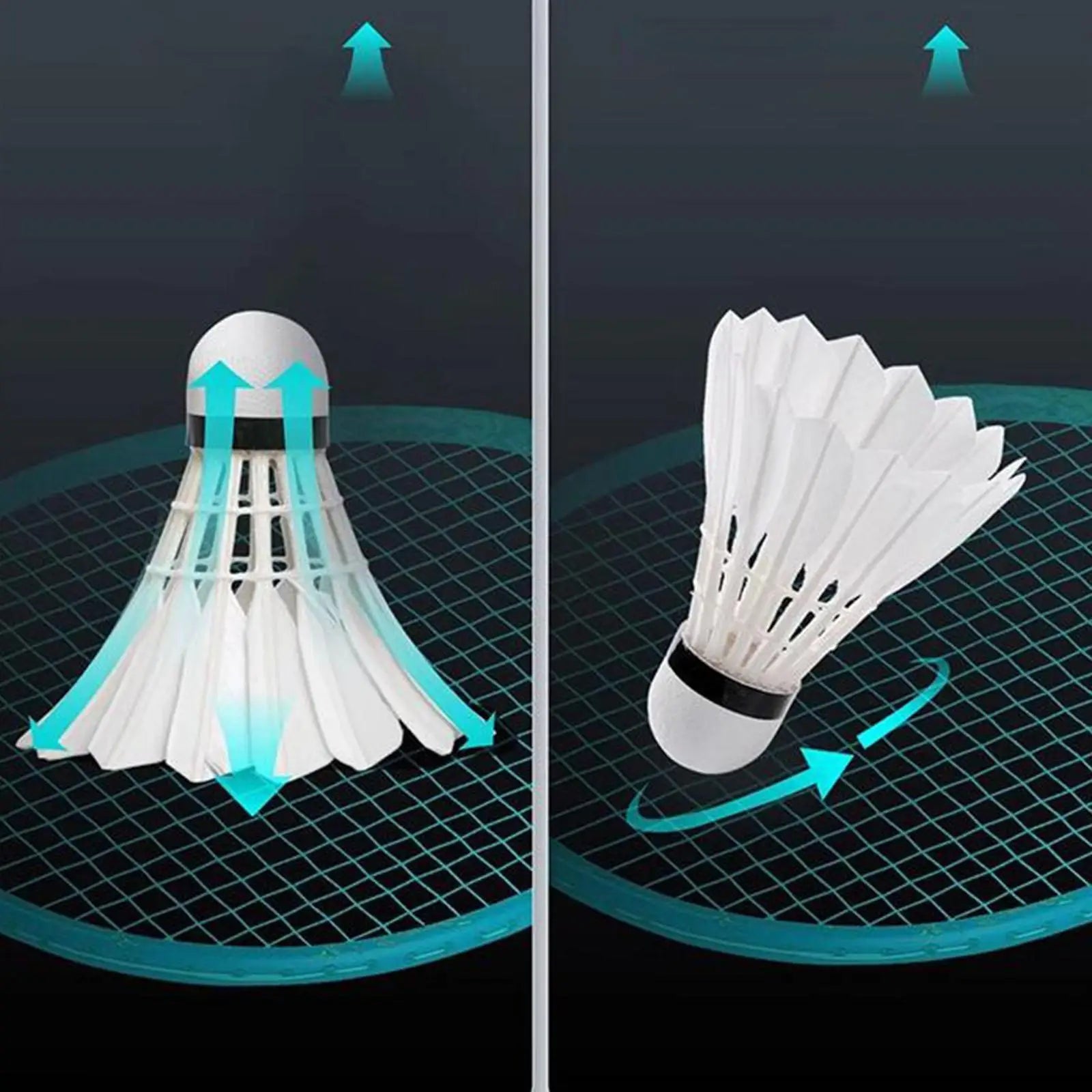 Illustration of a badminton shuttlecock with airflow arrows on a dark background