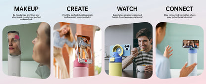 Promotional graphic for a product with text on 'Makeup', 'Create', 'Watch', and 'Connect' with lifestyle images.