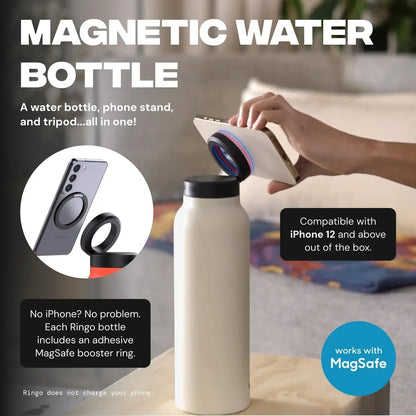 Magnetic water bottle with phone stand and tripod feature, compatible with iPhone 12 and above.