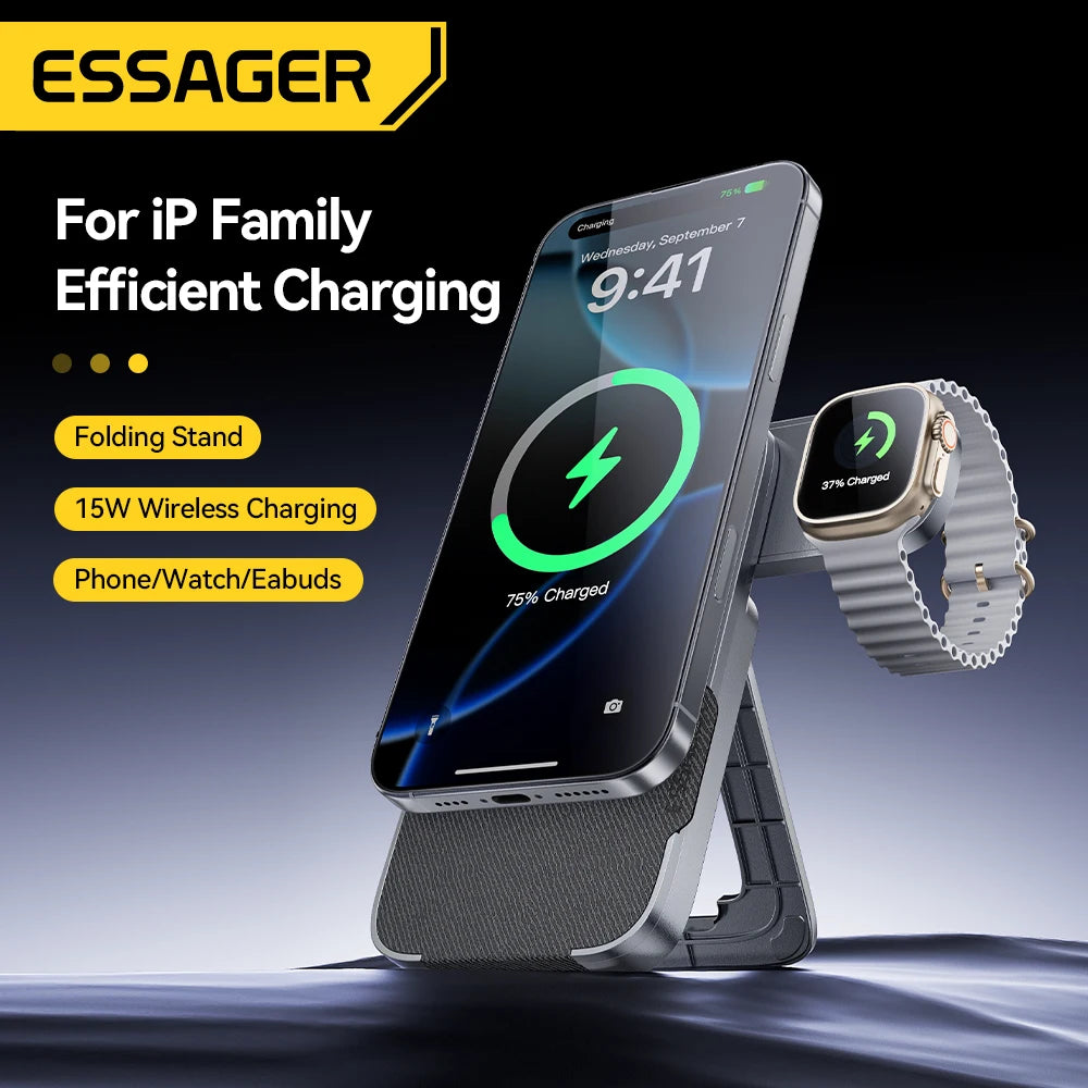 Essager 3-in-1 Wireless Charger Stand 15W – MagSafe Compatible for iPhone, Apple Watch & AirPods