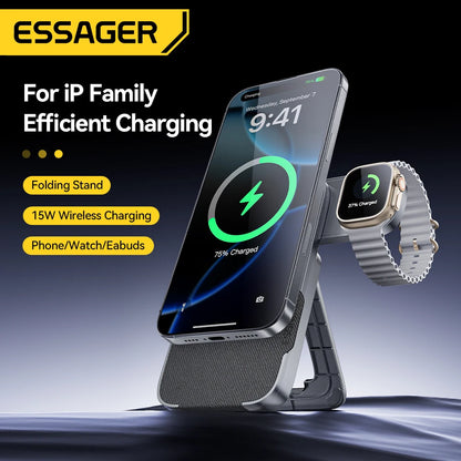 Essager 3-in-1 Wireless Charger Stand 15W – MagSafe Compatible for iPhone, Apple Watch & AirPods