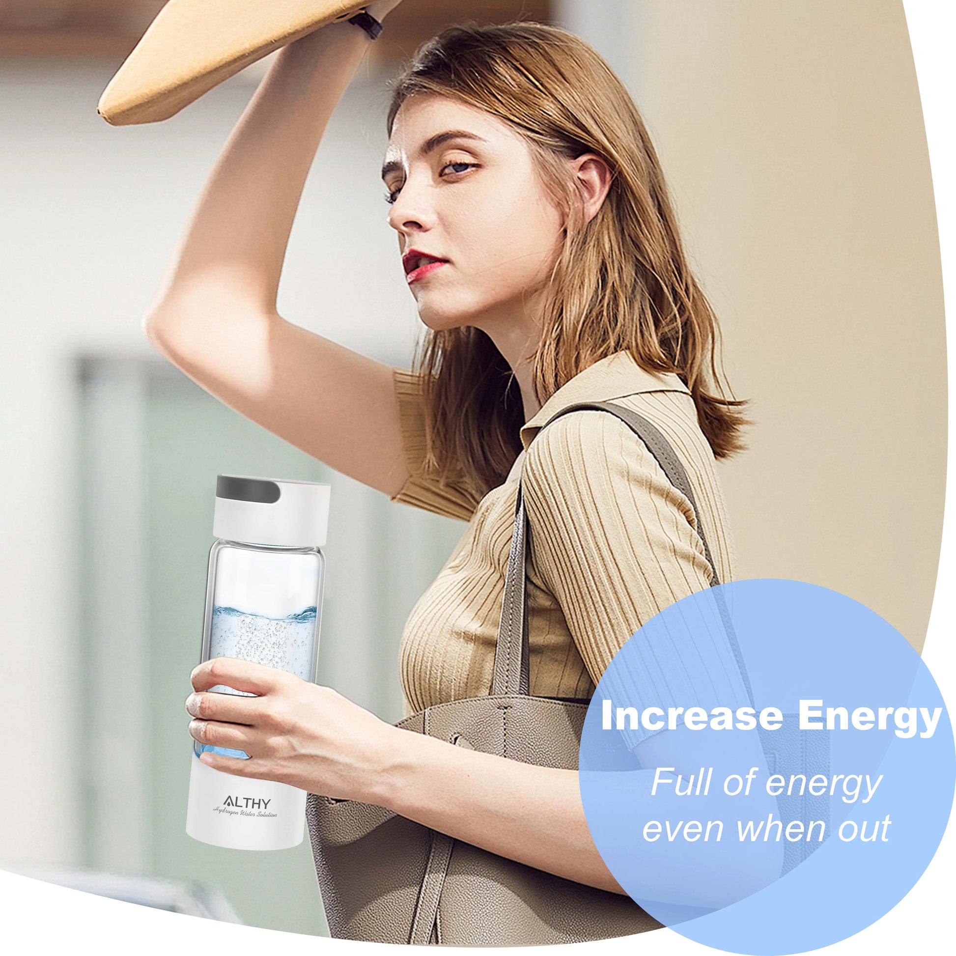 Woman holding a water bottle with text 'Increase Energy' and 'Full of energy even when out'.