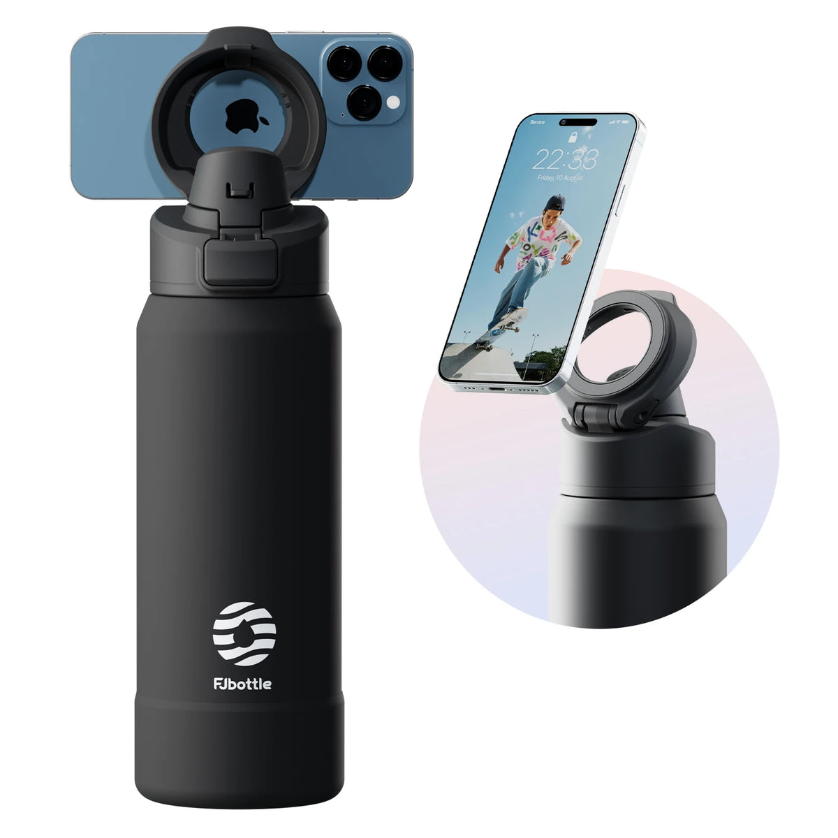 Black water bottle with phone holder attachment on a white background