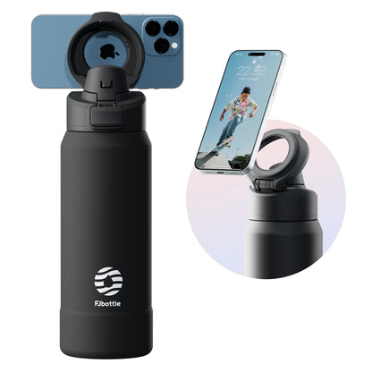 Black water bottle with phone holder attachment on a white background