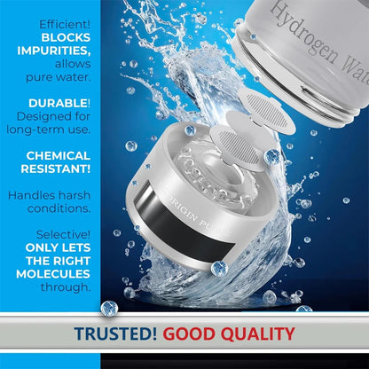 Hydrogen water bottle with water splashing out, text highlighting features on a blue background