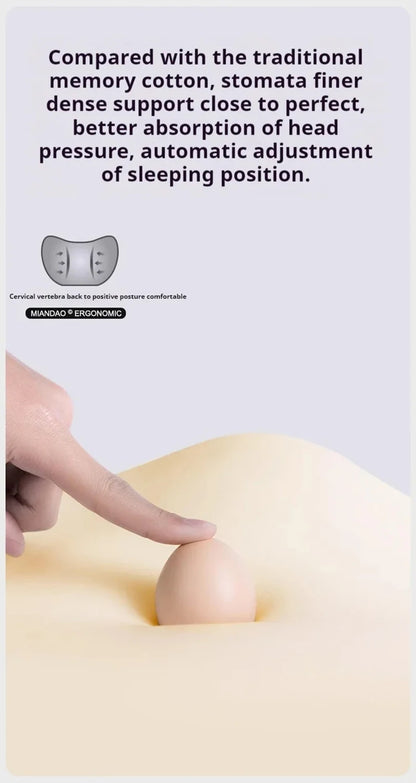 Advertisement for a cervical pillow with text about its benefits and a hand pressing into it.