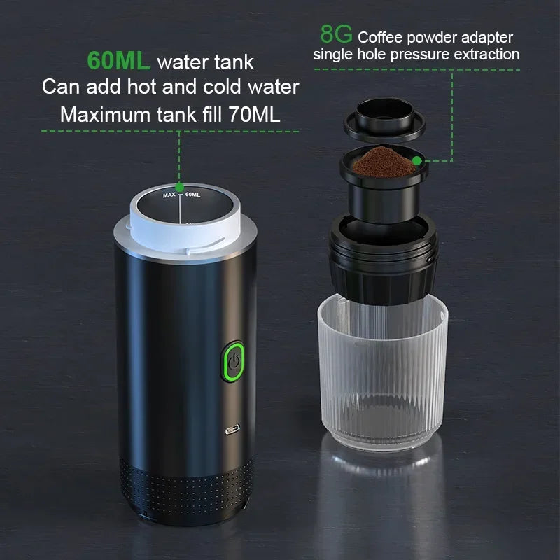 Black coffee maker with water tank and coffee powder adapter on a dark background