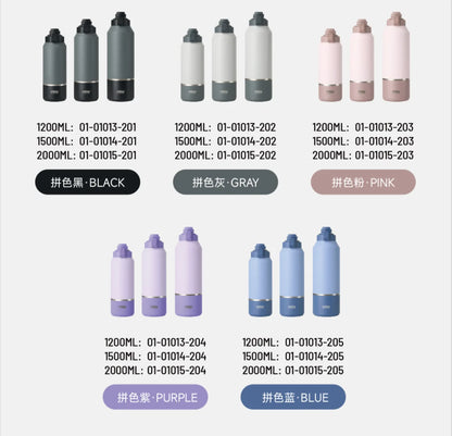 Collection of different colored bottles with labels on a white background