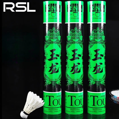 Three barrels RSL badminton shuttlecock packages with a white shuttlecock in front on a black background, featuring the RSL brand.