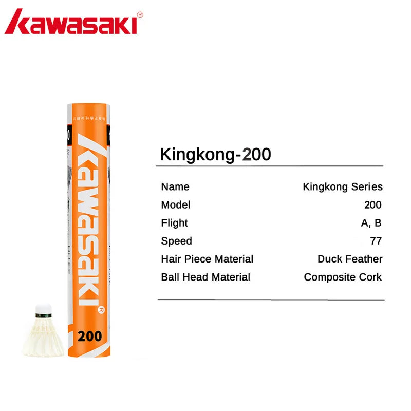 Kawasaki Kingkong-200 badminton shuttlecock packaging with product details on a white background