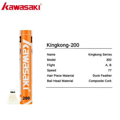 Kawasaki Kingkong-200 badminton shuttlecock packaging with product details on a white background