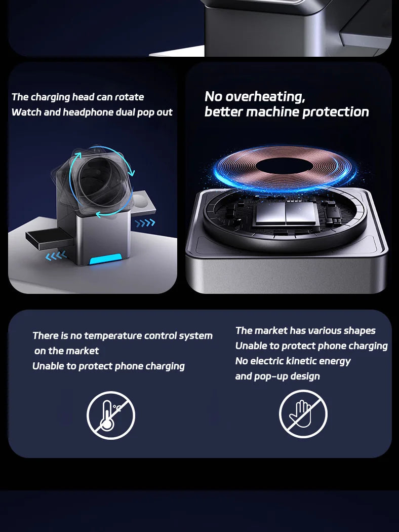 Charging station with text highlighting features and benefits on a dark background