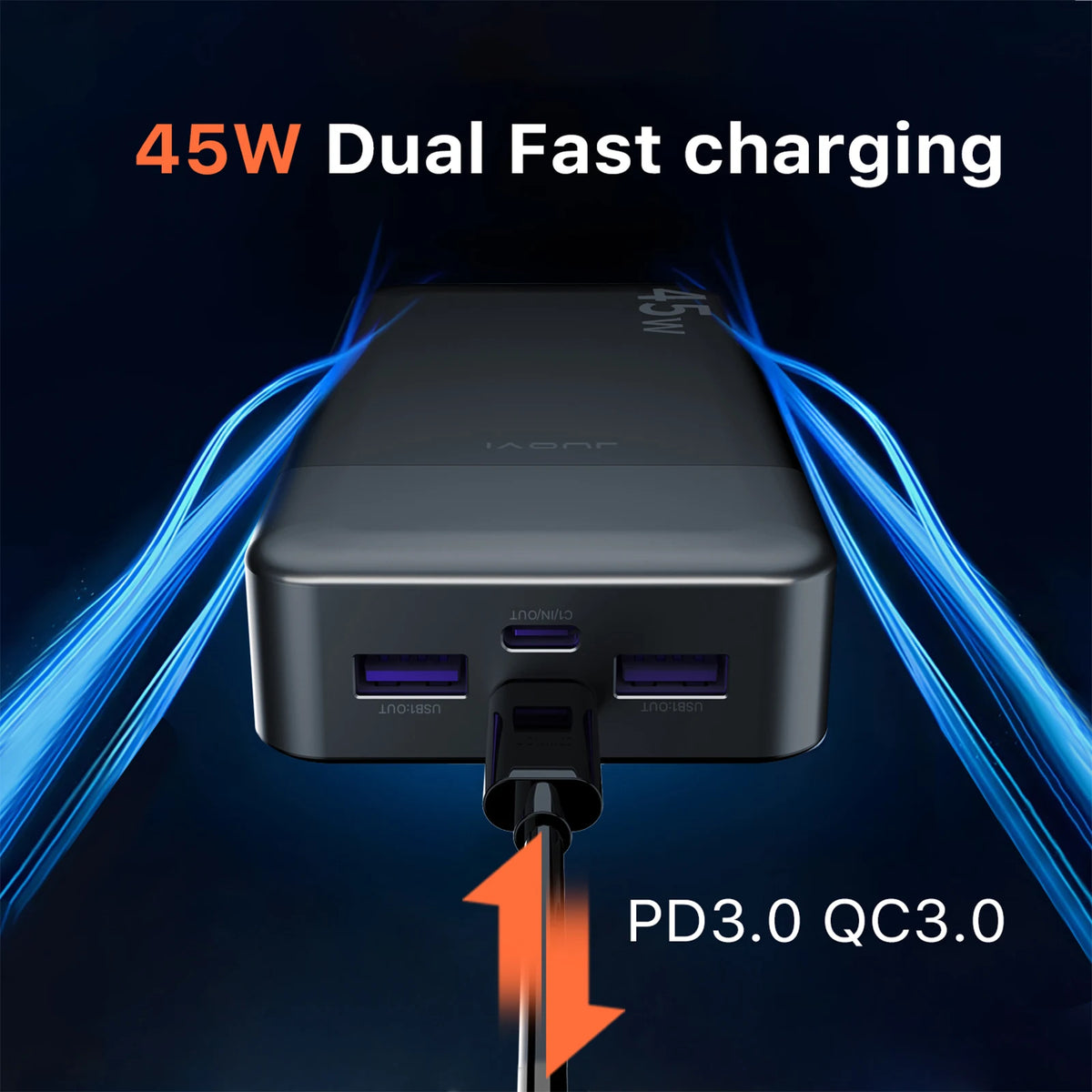 Black charging hub with multiple ports on a dark background, featuring text about dual fast charging and power delivery standards.