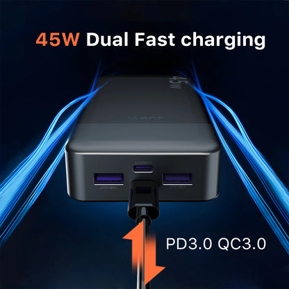 Black charging hub with multiple ports on a dark background, featuring text about dual fast charging and power delivery standards.