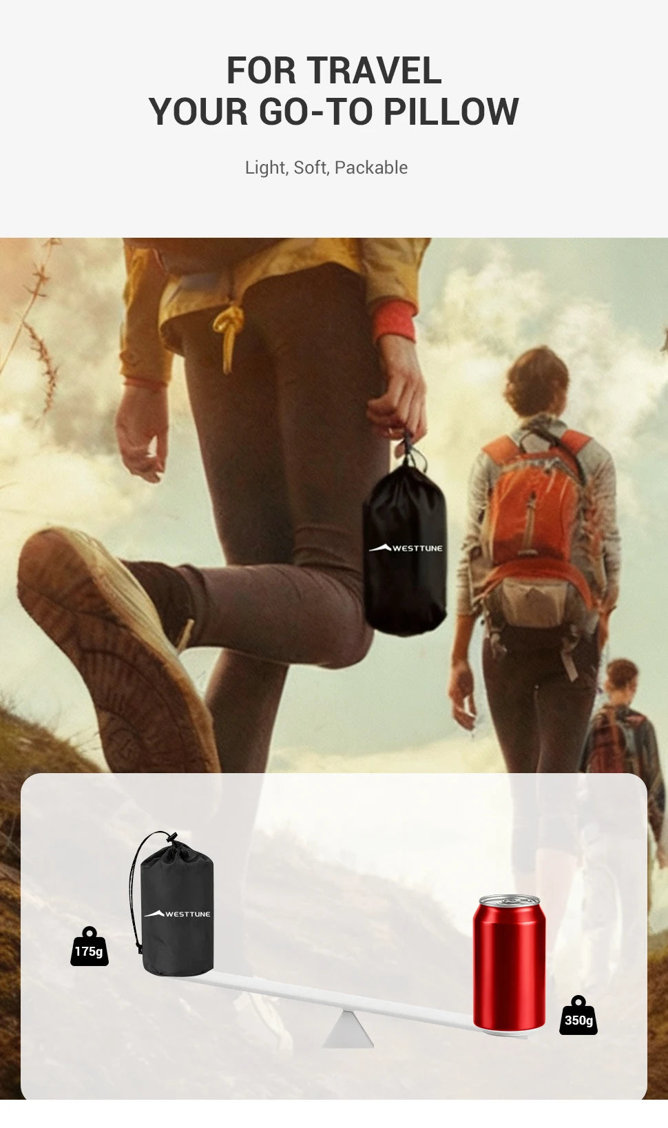 Travel pillow packaging with people hiking and a red can in the background