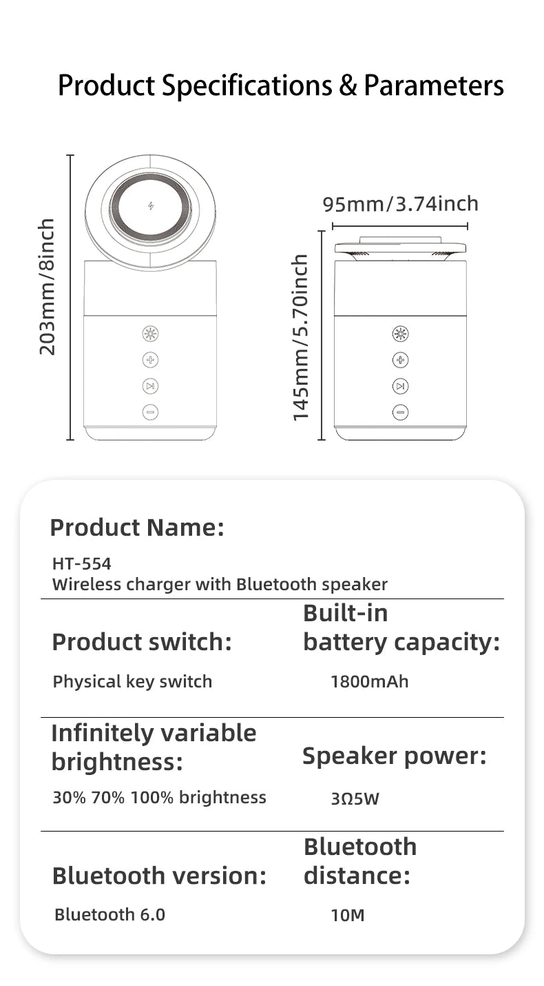 Product specifications and parameters for a wireless charger with Bluetooth speaker.