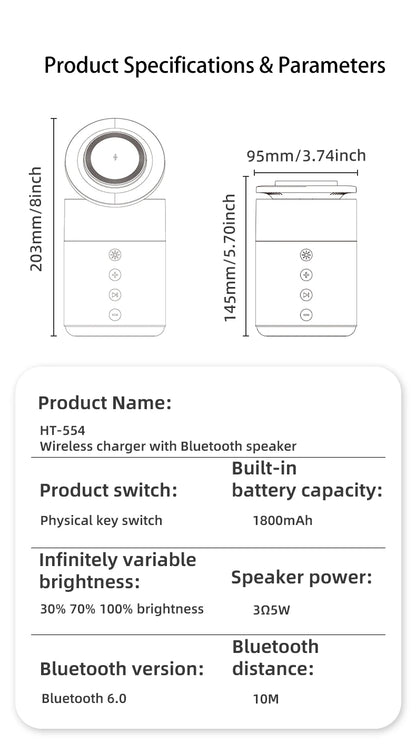 Product specifications and parameters for a wireless charger with Bluetooth speaker.