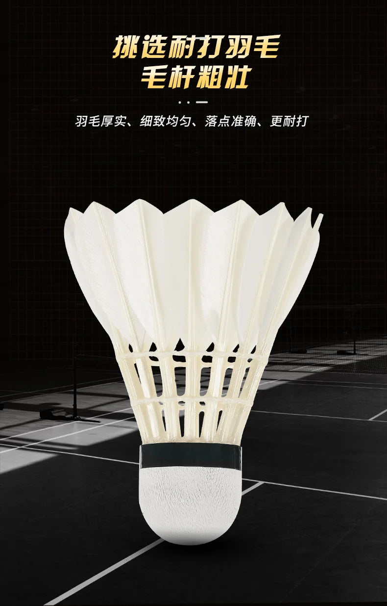 White badminton shuttlecock on a black background with text