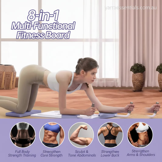 Woman using an 8-in-1 multi-functional fitness board in a home setting.