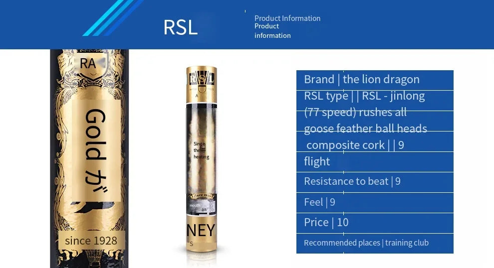 Gold cylindrical product with branding and specifications on a blue and white background