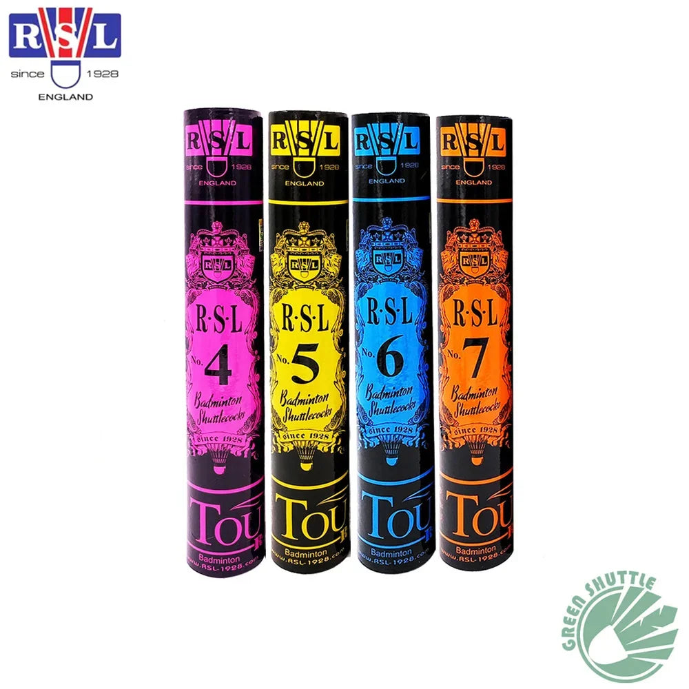 Four RSL badminton shuttlecock tubes in different colors on a white background.