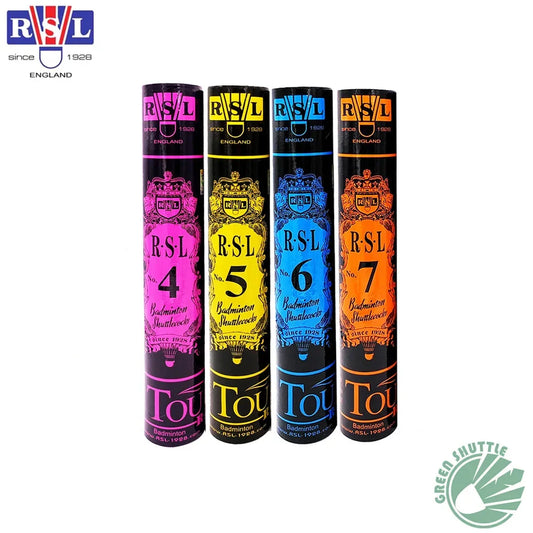 Four RSL badminton shuttlecock tubes in different colors on a white background.
