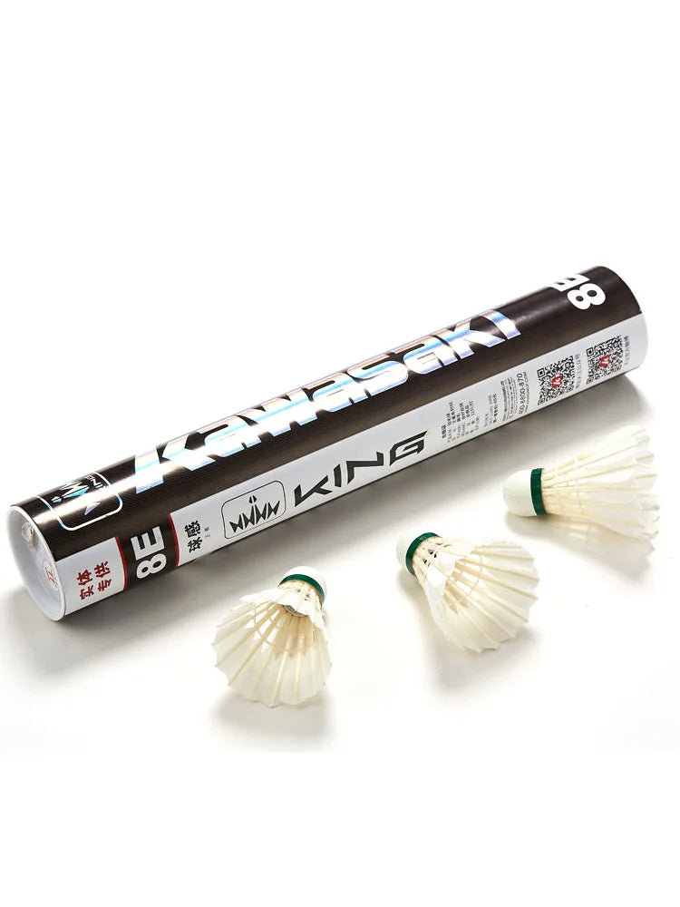 Tube of King brand badminton shuttlecocks with three shuttlecocks on a white background