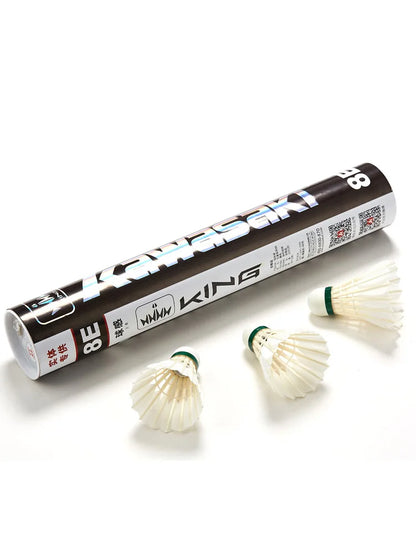 Tube of King brand badminton shuttlecocks with three shuttlecocks on a white background
