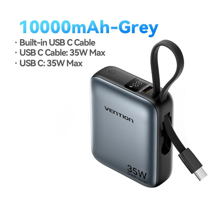 Mini Power Bank 10000mAh – 35W Fast Charge with Built-in Cable & Digital Display