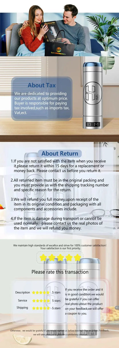 Product advertisement with two people using a product, a silver cylindrical container, and text about tax and returns.