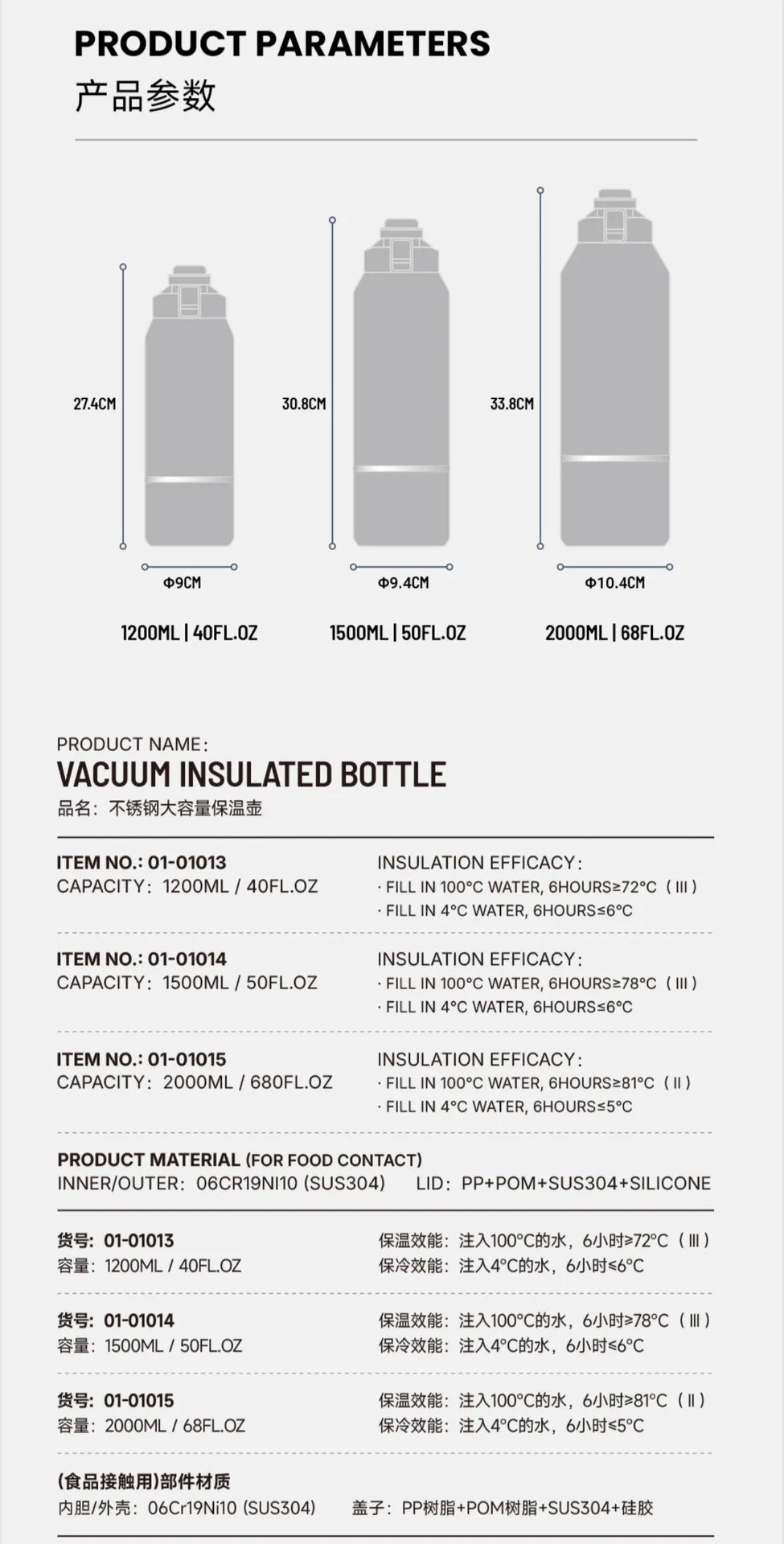 Technical specifications of a vacuum insulated bottle on a white background