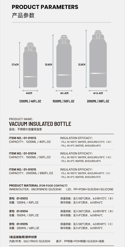 Technical specifications of a vacuum insulated bottle on a white background