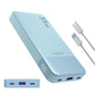 Light blue power bank with multiple ports and cables on a white background
