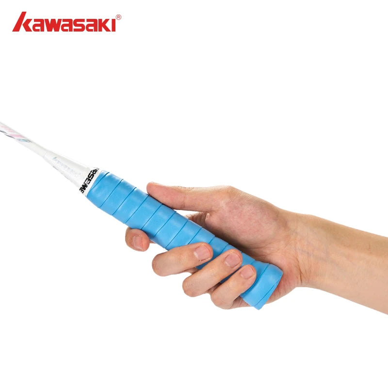 Hand holding a blue tennis racket with a white background and Kawasaki logo.