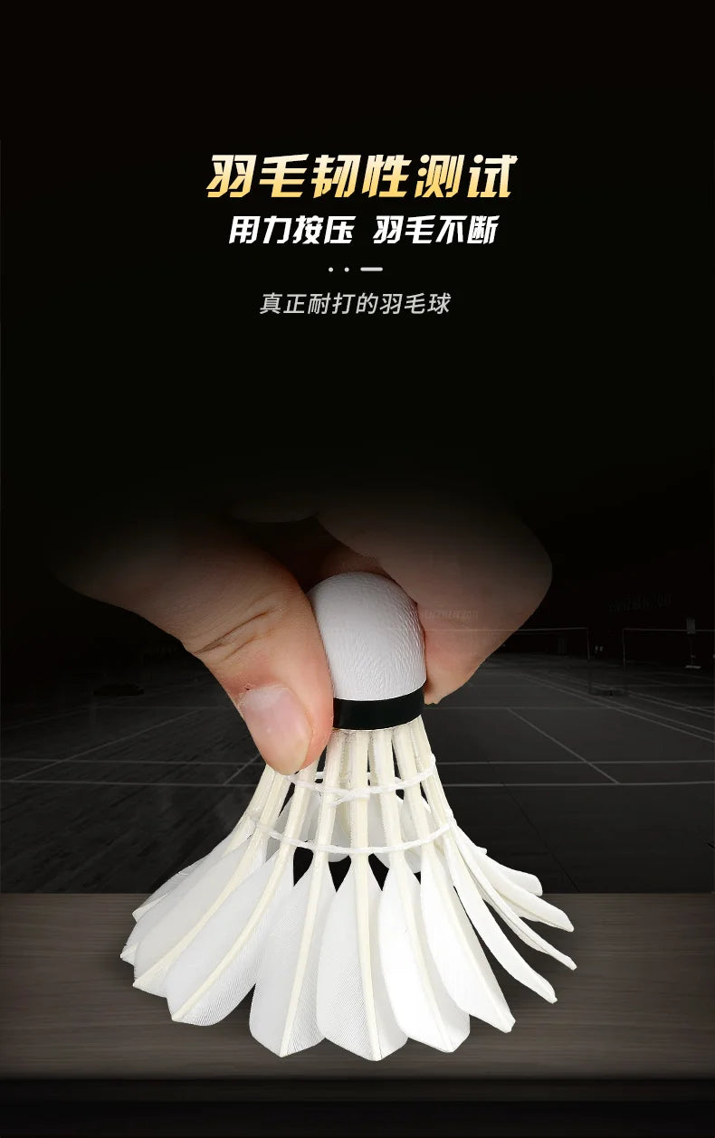 Hand holding a white shuttlecock with Chinese text on a dark background