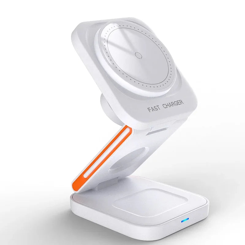 White wireless charger with an orange accent on a white background